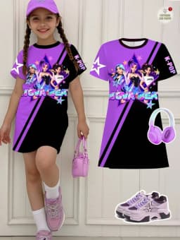Kpop Cartoon Graphic Dress for Girls Funny Gift for Fan Harajuku Girl Kid's Dress Summer Short Sleeve Dress Children's Clothing