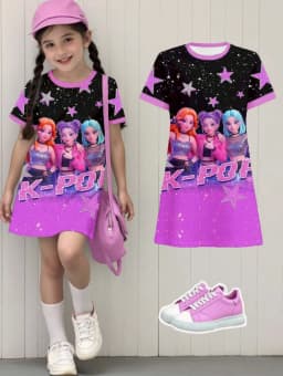 Kpop Cartoon Graphic Dress for Girls Funny Gift for Fan Harajuku Girl Kid's Dress Summer Short Sleeve Dress Children's Clothing