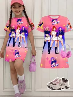 Kpop Cartoon Graphic Dress for Girls Funny Gift for Fan Harajuku Girl Kid's Dress Summer Short Sleeve Dress Children's Clothing