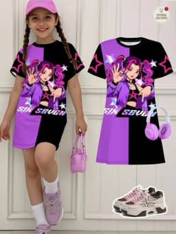Kpop Cartoon Graphic Dress for Girls Funny Gift for Fan Harajuku Girl Kid's Dress Summer Short Sleeve Dress Children's Clothing