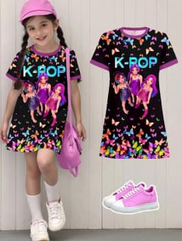 Kpop Cartoon Graphic Dress for Girls Funny Gift for Fan Harajuku Girl Kid's Dress Summer Short Sleeve Dress Children's Clothing