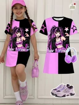 Kpop Cartoon Graphic Dress for Girls Funny Gift for Fan Harajuku Girl Kid's Dress Summer Short Sleeve Dress Children's Clothing