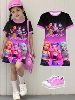 Kpop Cartoon Graphic Dress for Girls Funny Gift for Fan Harajuku Girl Kid's Dress Summer Short Sleeve Dress Children's Clothing
