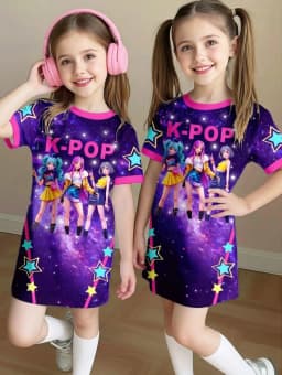 Kpop Cartoon Graphic Dress for Girls Funny Gift for Fan Harajuku Girl Kid's Dress Summer Short Sleeve Dress Children's Clothing