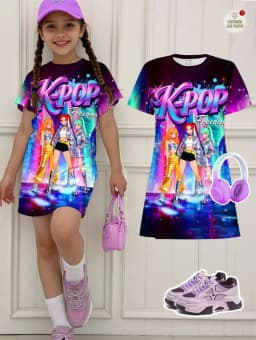 Kpop Cartoon Graphic Dress for Girls Funny Gift for Fan Harajuku Girl Kid's Dress Summer Short Sleeve Dress Children's Clothing
