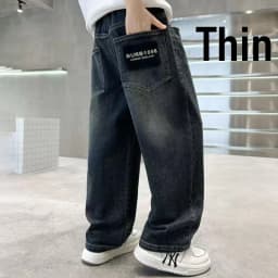 Spring Autumn Winter 4-14 Years Boys Plush Warm Jeans Fashion Letter Loose Straight Denim Pants Kids Casual Streetwear Trousers