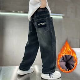 Spring Autumn Winter 4-14 Years Boys Plush Warm Jeans Fashion Letter Loose Straight Denim Pants Kids Casual Streetwear Trousers