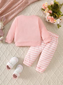 Cute Rabbit Embroidery for Infants and Toddlers, Waffle Sweatshirt, Striped Jogger Pants, Two-Piece Set, Knee Pads, Elastic Waist, Soft and Warm