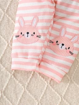 Cute Rabbit Embroidery for Infants and Toddlers, Waffle Sweatshirt, Striped Jogger Pants, Two-Piece Set, Knee Pads, Elastic Waist, Soft and Warm