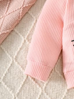 Cute Rabbit Embroidery for Infants and Toddlers, Waffle Sweatshirt, Striped Jogger Pants, Two-Piece Set, Knee Pads, Elastic Waist, Soft and Warm