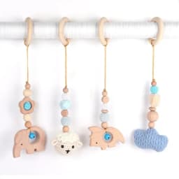 4Pcs/Set Baby Rattles Baby Play Gym Frame Wooden Beech Teether Trolley Stroller Hanging Pendants Toys Ring Nursing Rattle Toys
