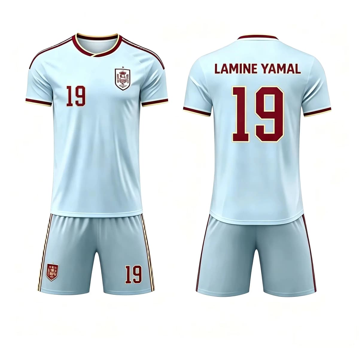 Spain National Team White Away Football Kit, Lamine Yamal No.19 Short Sleeve Soccer Jersey and Matching Shorts Family Matching