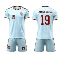Spain National Team White Away Football Kit, Lamine Yamal No.19 Short Sleeve Soccer Jersey and Matching Shorts Family Matching