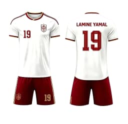 Spain National Team White Away Football Kit, Lamine Yamal No.19 Short Sleeve Soccer Jersey and Matching Shorts Family Matching