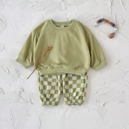 Autumn Fashion Newborn Baby Boys Girls Clothes Comfort Outfit Solid Color Long Sleeves Top+Chessboard Pattern Pants 2Pcs/set