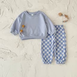 Autumn Fashion Newborn Baby Boys Girls Clothes Comfort Outfit Solid Color Long Sleeves Top+Chessboard Pattern Pants 2Pcs/set