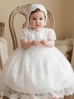 Baby Girl 1 Years Old White Dress with Embroidered Lace Trim Cute Flower Girl Princess Dress for Party, Banquet, Wedding,Outings