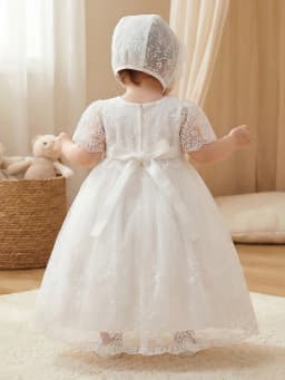 Baby Girl 1 Years Old White Dress with Embroidered Lace Trim Cute Flower Girl Princess Dress for Party, Banquet, Wedding,Outings