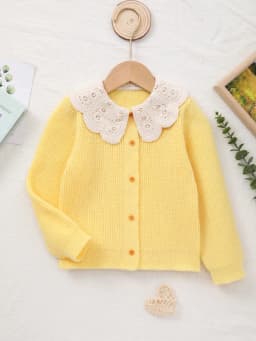 Baby Girl's Knitted Embroidered White Lace Collar Embellished Cardigan Sweater