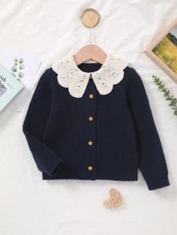 Baby Girl's Knitted Embroidered White Lace Collar Embellished Cardigan Sweater