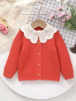 Baby Girl's Knitted Embroidered White Lace Collar Embellished Cardigan Sweater
