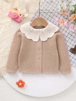 Baby Girl's Knitted Embroidered White Lace Collar Embellished Cardigan Sweater