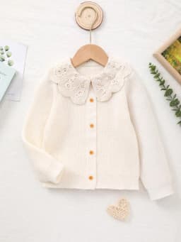 Baby Girl's Knitted Embroidered White Lace Collar Embellished Cardigan Sweater