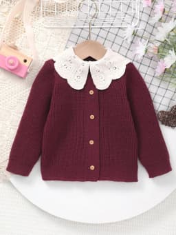 Baby Girl's Knitted Embroidered White Lace Collar Embellished Cardigan Sweater
