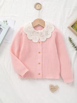 Baby Girl's Knitted Embroidered White Lace Collar Embellished Cardigan Sweater