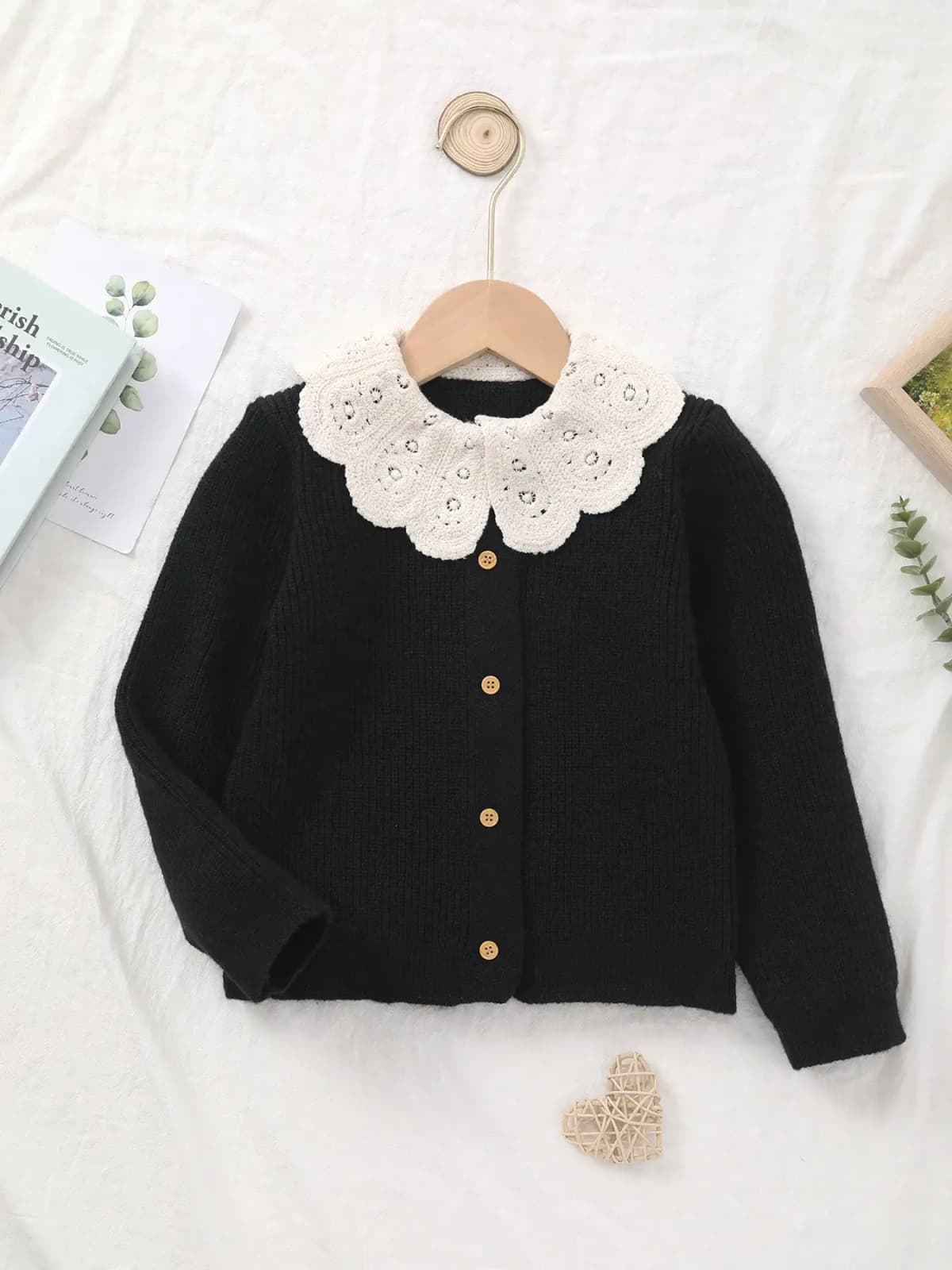 Baby Girl's Knitted Embroidered White Lace Collar Embellished Cardigan Sweater