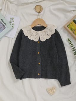 Baby Girl's Knitted Embroidered White Lace Collar Embellished Cardigan Sweater