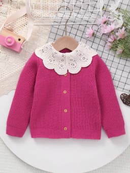 Baby Girl's Knitted Embroidered White Lace Collar Embellished Cardigan Sweater