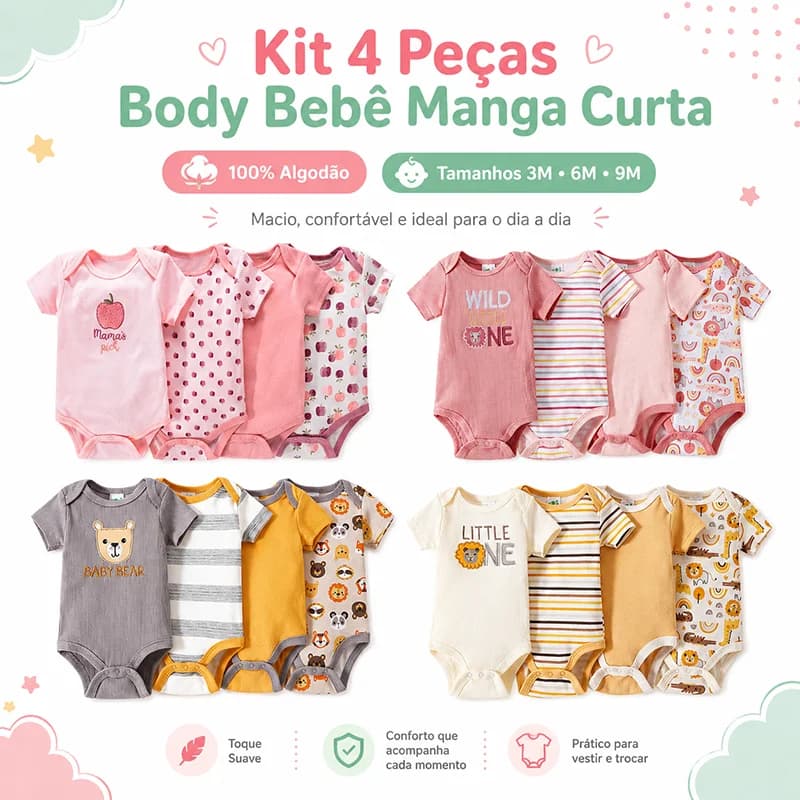 Baby Bodysuit 4-Piece Short-Sleeve Soft Cotton Snap Closure Boy and Girl Bodysuit Set