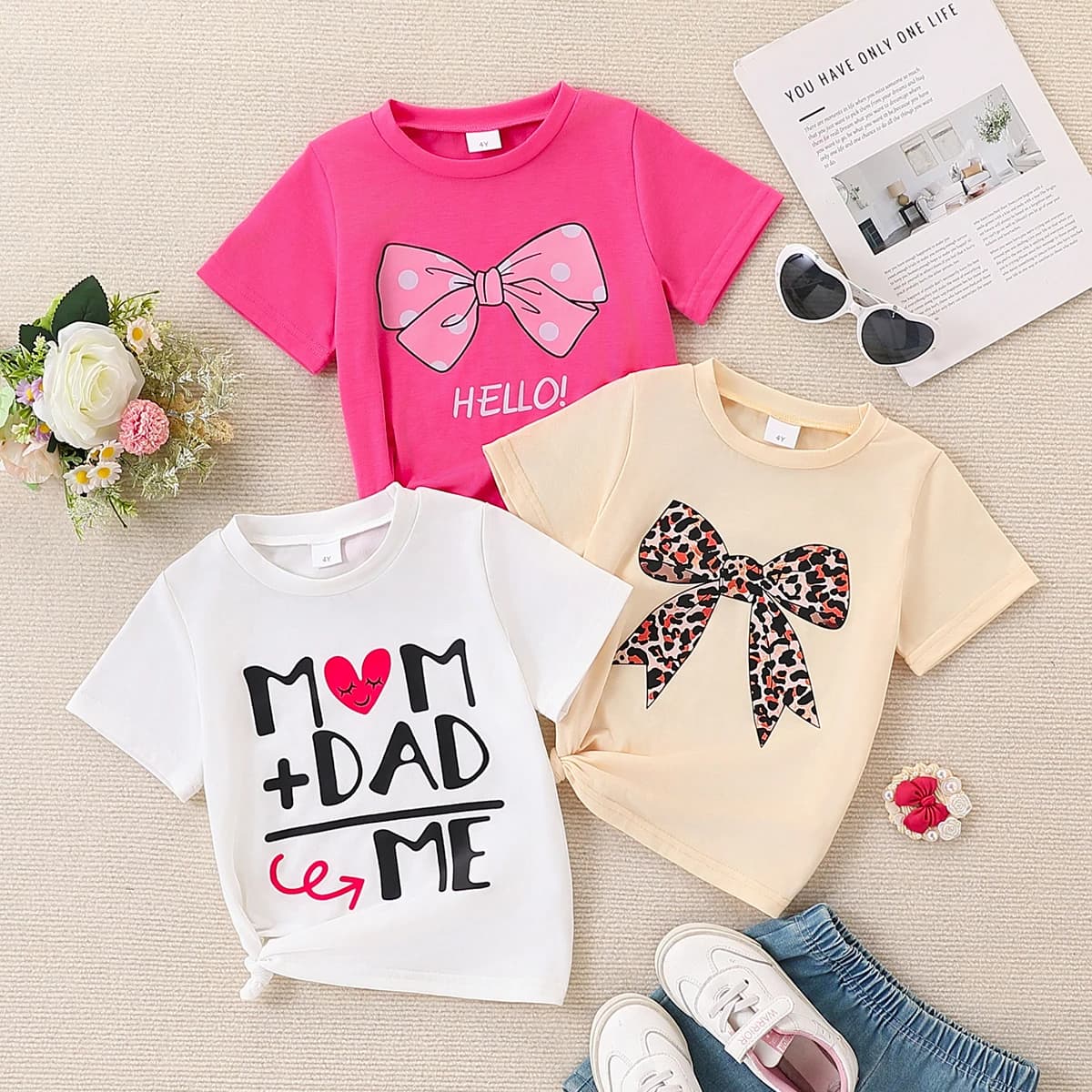 Summer 3-Piece Girls' Casual Ensemble Knit Fabric Round Neck Short-Sleeved Top Slightly Elastic Outfit for Girls