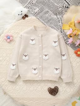 Baby Girl Sheep-Patterned Long-Sleeved Single-Breasted Casual Woolen Cardigan, Cute Little Sheep Embroidery, Soft and Comfortable Fabric