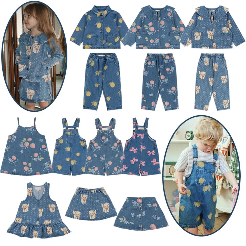26 KS Toddler Kid Denim Clothes Set Boys Lemon Denim Jacket Jeans Girls Cats Print Overalls Dress Children Jean Pants Outerwear