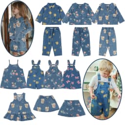 26 KS Toddler Kid Denim Clothes Set Boys Lemon Denim Jacket Jeans Girls Cats Print Overalls Dress Children Jean Pants Outerwear