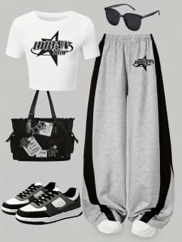 Kids Girls 2 Piece "URBAN STAR" Print Crop T-Shirt & Color Block Wide Leg Sweatpants Set Casual Streetwear Outfit