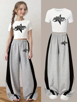 Kids Girls 2 Piece "URBAN STAR" Print Crop T-Shirt & Color Block Wide Leg Sweatpants Set Casual Streetwear Outfit