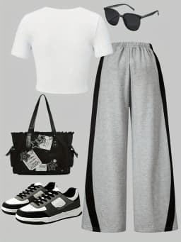 Kids Girls 2 Piece "URBAN STAR" Print Crop T-Shirt & Color Block Wide Leg Sweatpants Set Casual Streetwear Outfit