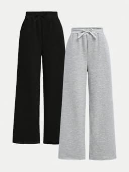 【2-piece set】 Fashionable and Versatile Girls' Black and Grey Combination Knitted Fabric Loose Casual Wide-leg Pants