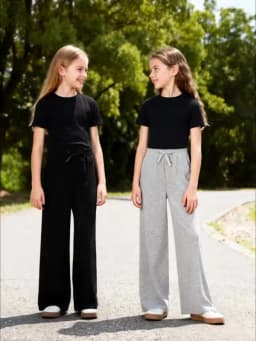 【2-piece set】 Fashionable and Versatile Girls' Black and Grey Combination Knitted Fabric Loose Casual Wide-leg Pants