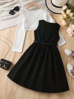 Children's Clothing Set with Hollowed Out Round Neck Long Sleeved Top + Round Neck Sleeveless Dress, Mid Length Skirt Set