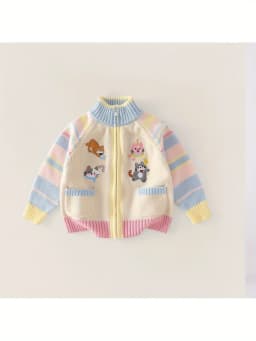 Children's Knitted Cardigan Zipper Jacket with Cartoon Embroidery, Stylish New Spring and Autumn Sweater for Girls, Versatile for Spring