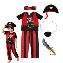 Boys Pirate Costume Set Short‑Sleeve Top Long Striped Pants Halloween Trick Or Treat Birthday Themed Party Outfit