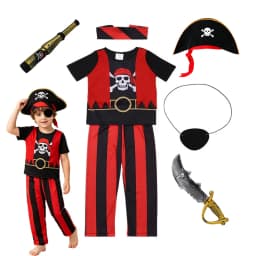 Boys Pirate Costume Set Short‑Sleeve Top Long Striped Pants Halloween Trick Or Treat Birthday Themed Party Outfit