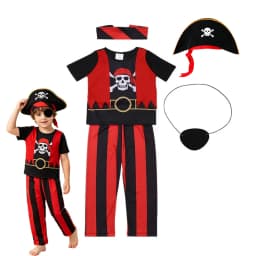 Boys Pirate Costume Set Short‑Sleeve Top Long Striped Pants Halloween Trick Or Treat Birthday Themed Party Outfit