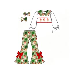 Custom Girls Christmas Santa Claus Outfit Long Sleeve Top Print Bell Pants With Hair Bow Toddler Girl Xmas Clothing Set