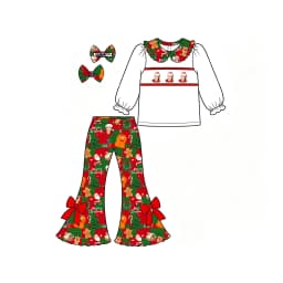 Custom Girls Christmas Santa Claus Outfit Long Sleeve Top Print Bell Pants With Hair Bow Toddler Girl Xmas Clothing Set