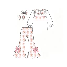 Custom Girls Christmas Santa Claus Outfit Long Sleeve Top Print Bell Pants With Hair Bow Toddler Girl Xmas Clothing Set